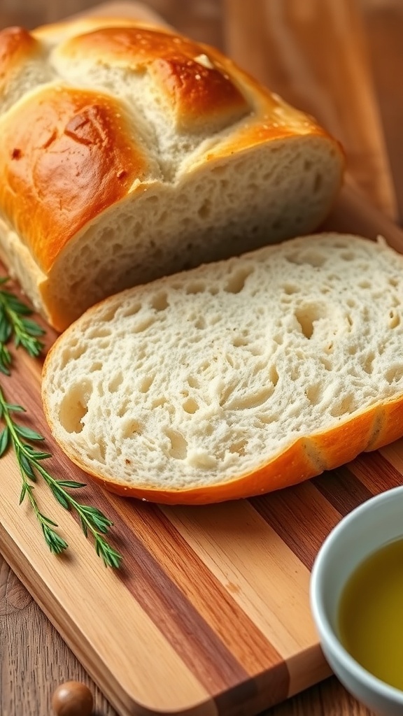 A golden crusted homemade bread loaf sliced on a wooden board with steam rising, accompanied by olive oil and herbs.